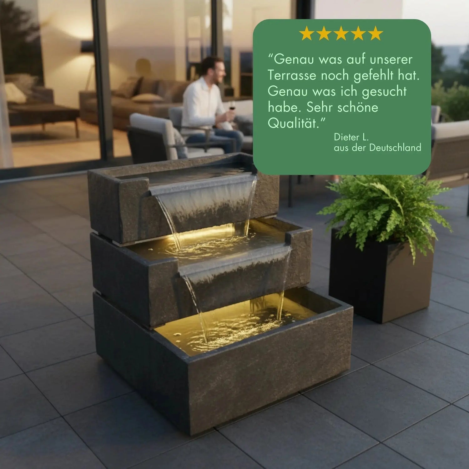 FIJI Falls – Gartenbrunnen mit zweifachem Wasserfall und warmweisser Belechtung - CLIMAQUA