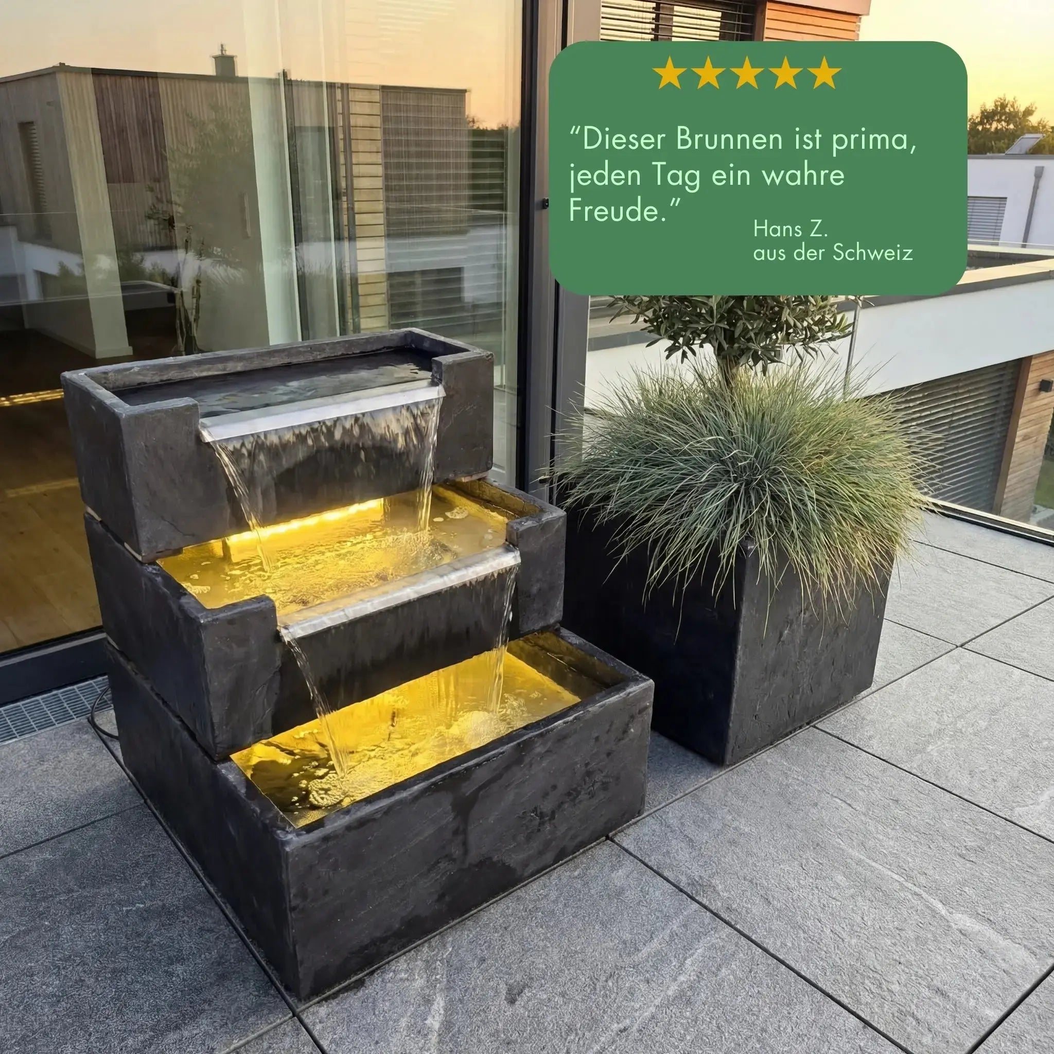 FIJI Falls – Gartenbrunnen mit zweifachem Wasserfall und warmweisser Belechtung - CLIMAQUA