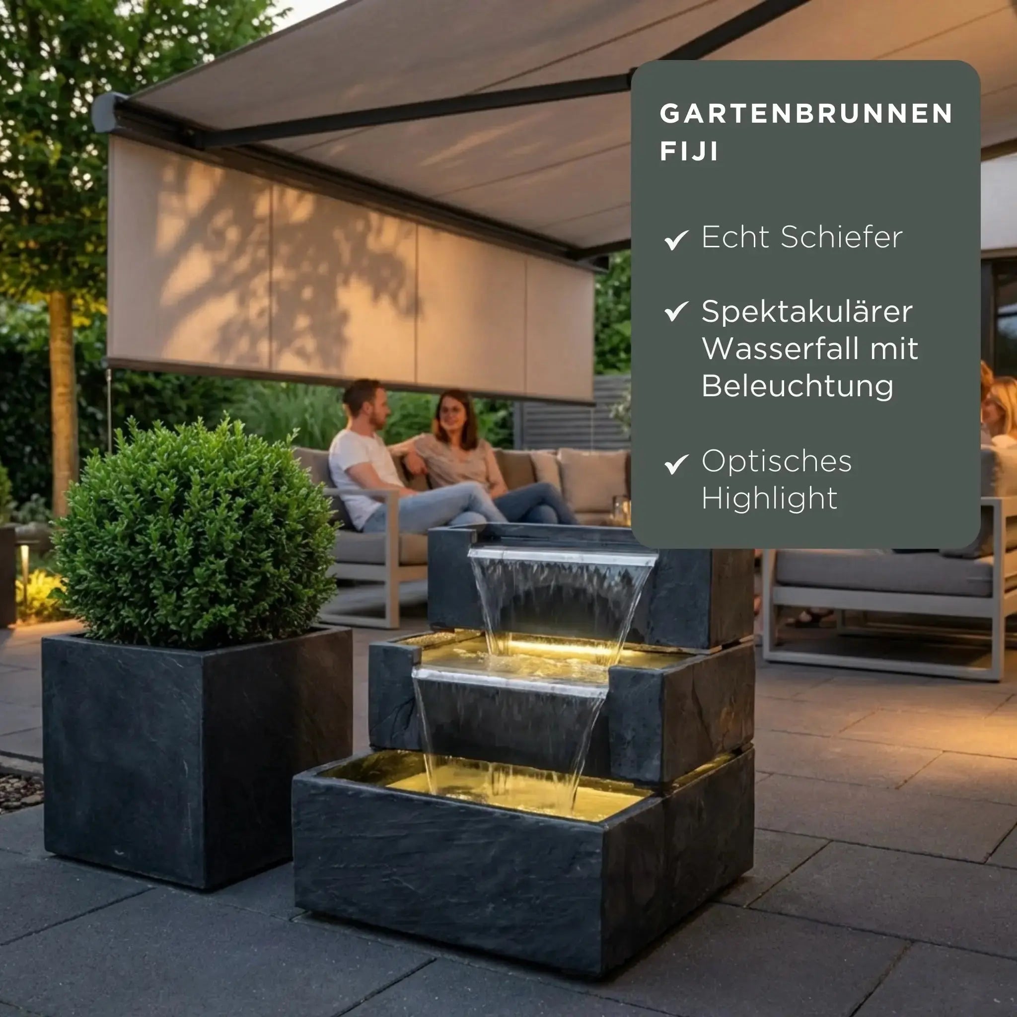 FIJI Falls – Gartenbrunnen mit zweifachem Wasserfall und warmweisser Belechtung - CLIMAQUA