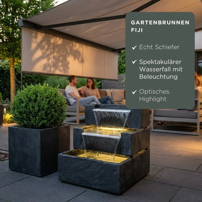 FIJI Falls – Gartenbrunnen mit zweifachem Wasserfall und warmweisser Belechtung - CLIMAQUA