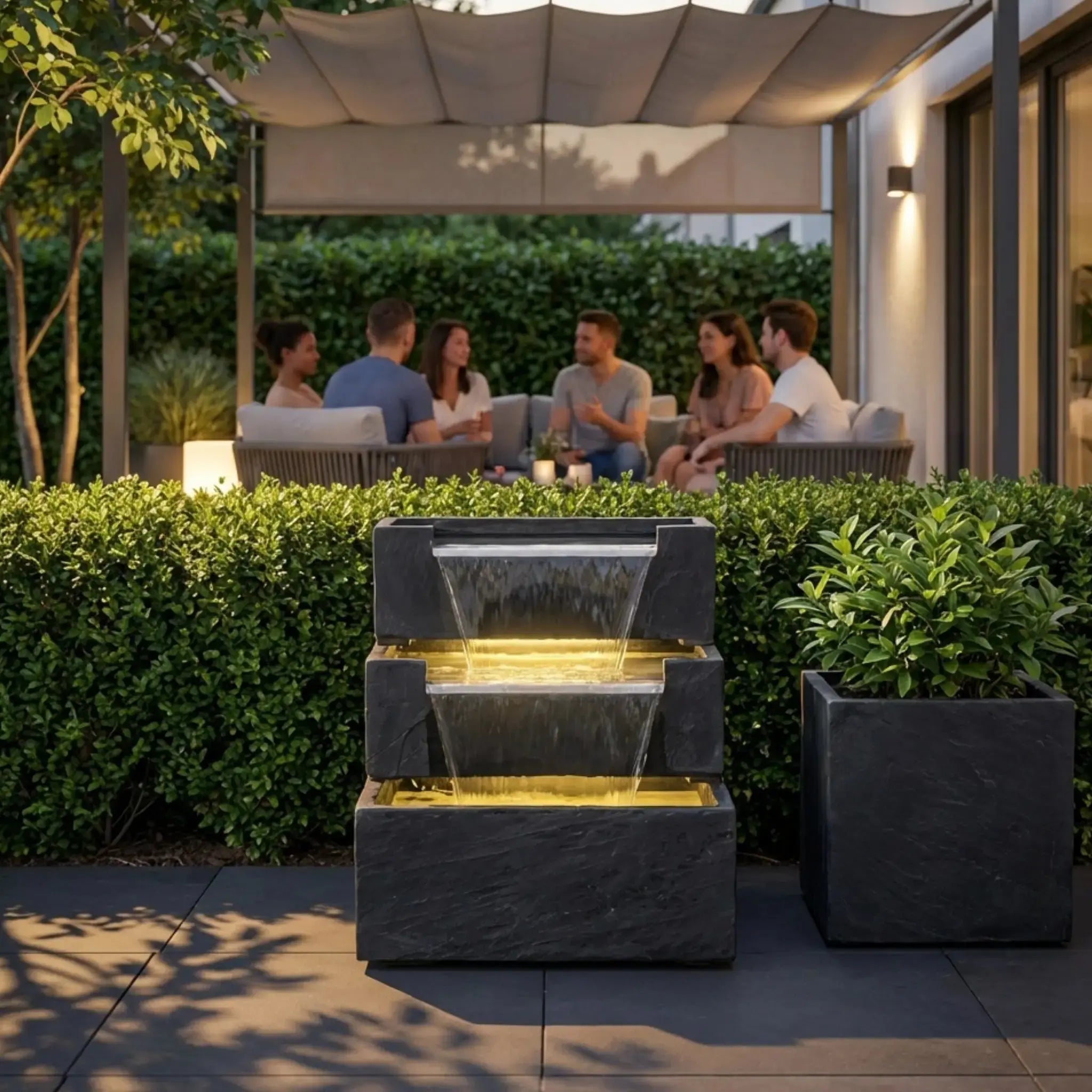 FIJI Falls – Gartenbrunnen mit zweifachem Wasserfall und warmweisser Belechtung - CLIMAQUA