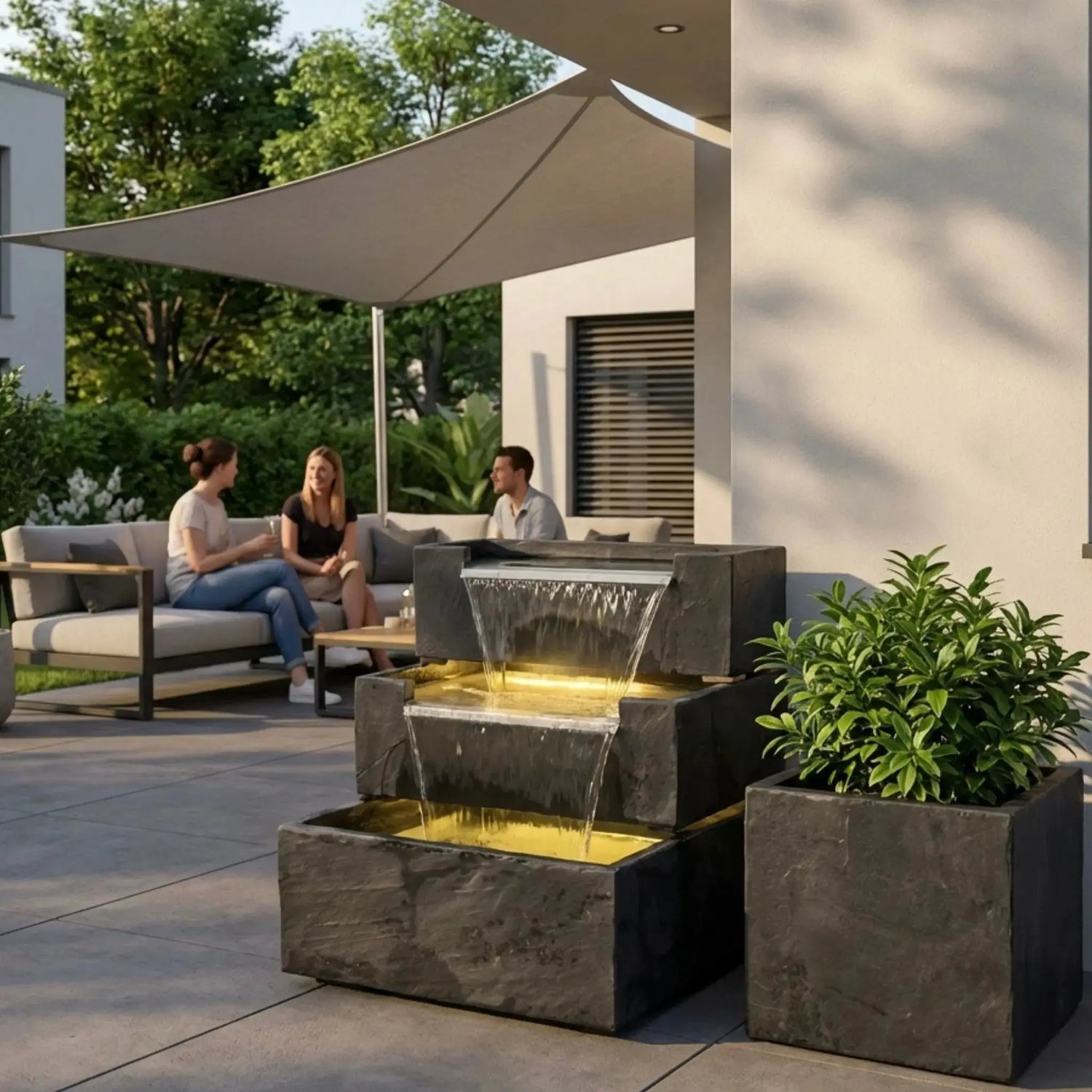 FIJI Falls – Gartenbrunnen mit zweifachem Wasserfall und warmweisser Belechtung - CLIMAQUA