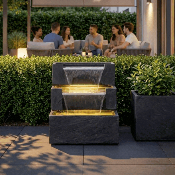 FIJI Falls – Gartenbrunnen mit zweifachem Wasserfall und warmweisser Belechtung - CLIMAQUA