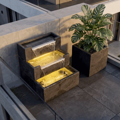 FIJI Falls – Gartenbrunnen mit zweifachem Wasserfall und warmweisser Belechtung - CLIMAQUA