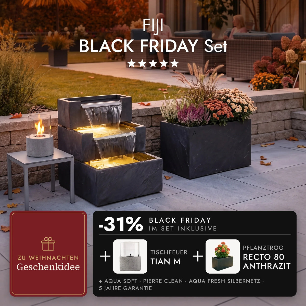 FIJI garden fountain on the autumnal terrace with RECTO 80 Anthracite planter trough and a burning TIAN M tabletop fire on the side table, FIJI BLACK FRIDAY Set (AI-generated content)