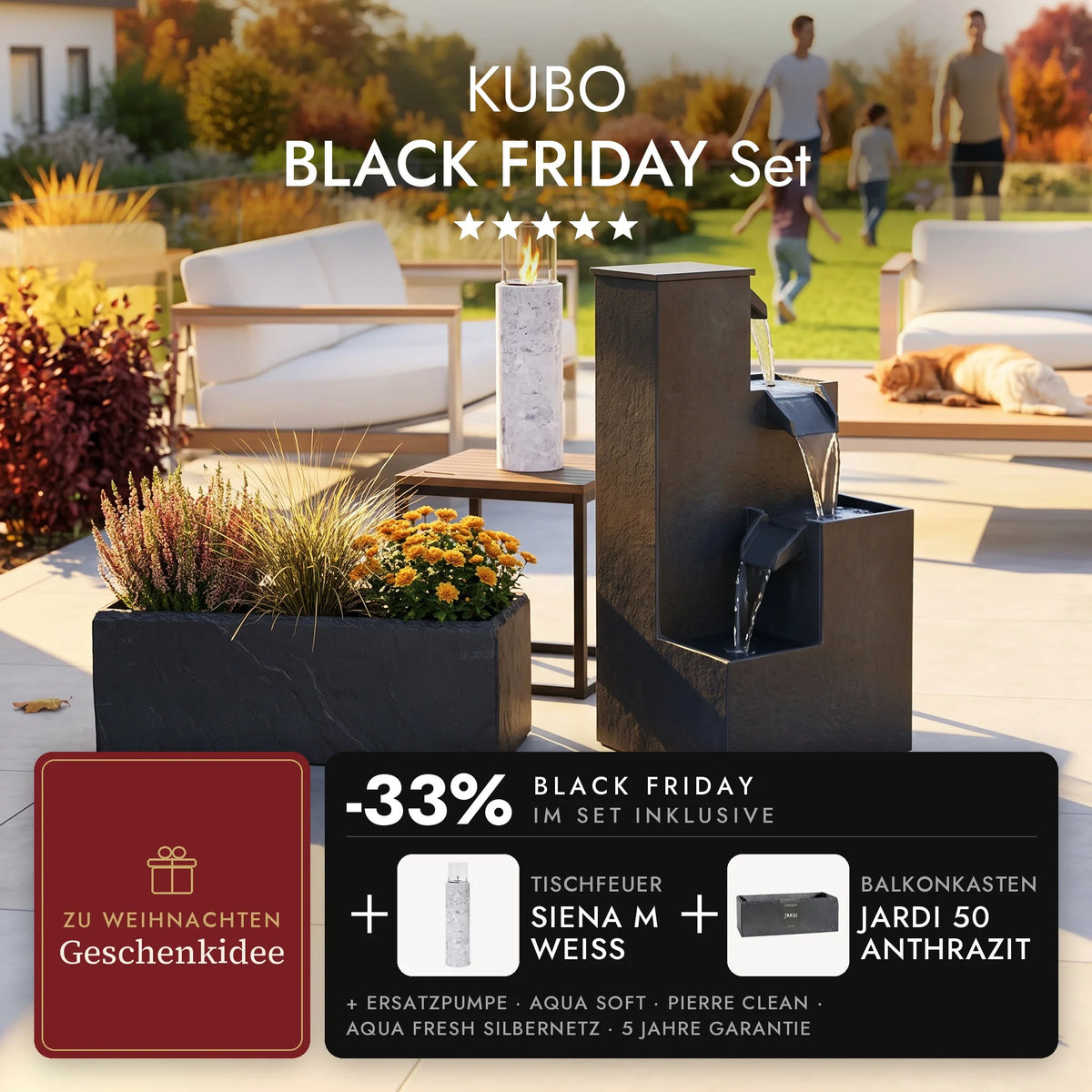 Gartenbrunnen KUBO auf der herbstlichen Terrasse mit Balkonkasten JARDI 50 Anthrazit und brennendem Tischfeuer SIENA M Weiss auf dem Beistelltisch, KUBO BLACK FRIDAY Set (KI-Inhalte)
