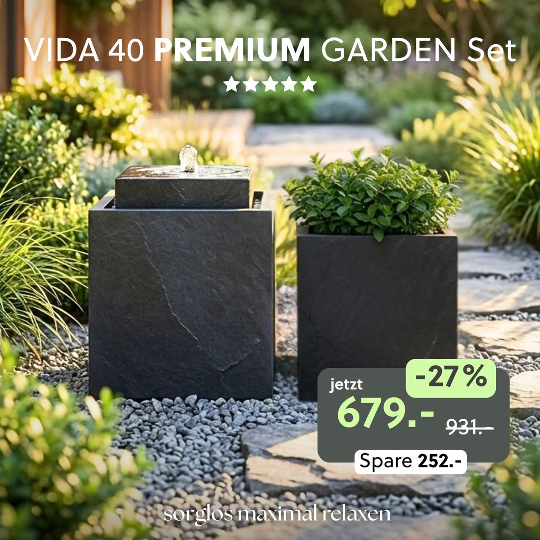Gartenbrunnen VIDA 40 PREMIUM GARDEN Set Anthrazit - CLIMAQUA