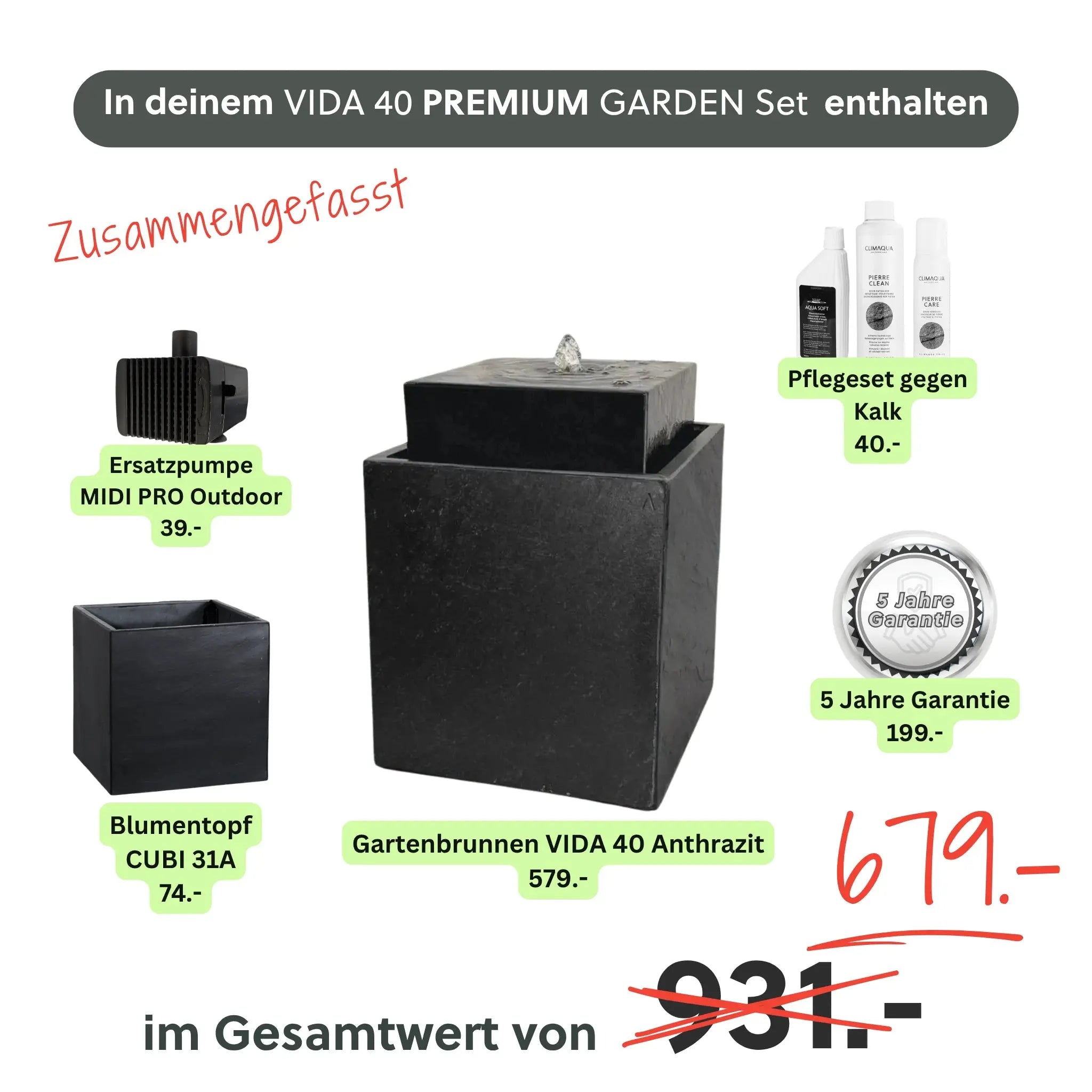 Gartenbrunnen VIDA 40 PREMIUM GARDEN Set Anthrazit - CLIMAQUA