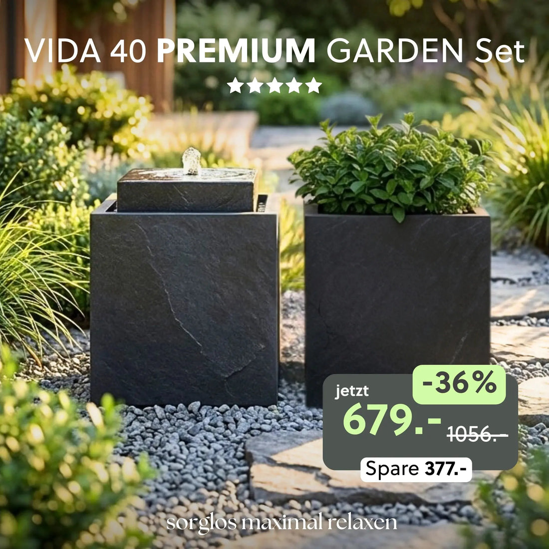 Gartenbrunnen VIDA 40 PREMIUM GARTEN Set Anthrazit - CLIMAQUA
