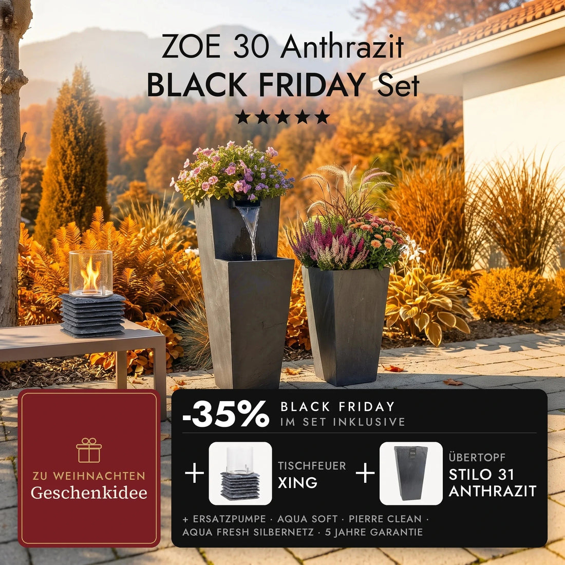Gartenbrunnen ZOE 30 Anthrazit auf der herbstlichen Terrasse mit Übertopf STILO 31 Anthrazit und brennendem Tischfeuer XING auf dem Beistelltisch, ZOE 30 Anthrazit BLACK FRIDAY Set (KI-Inhalte)