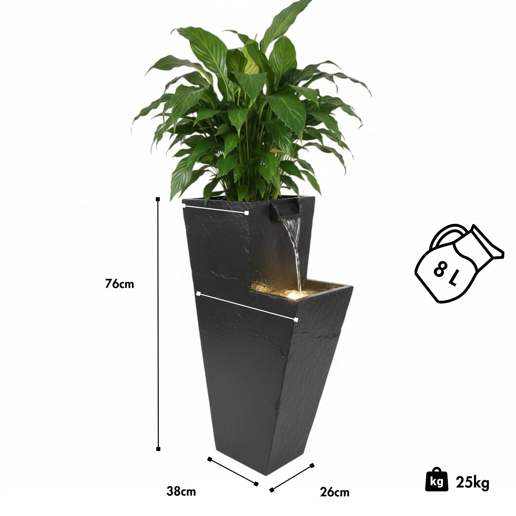 ZOE 30 Anthrazit – Wasserfallbrunnen mit Pflanzgefäss aus Naturschiefer Braun mit LED-Beleuchtung 38 x 26 x 76 cm 25 kg - CLIMAQUA