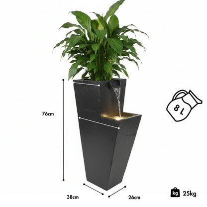ZOE 30 Anthrazit – Wasserfallbrunnen mit Pflanzgefäss aus Naturschiefer Braun mit LED-Beleuchtung 38 x 26 x 76 cm 25 kg - CLIMAQUA