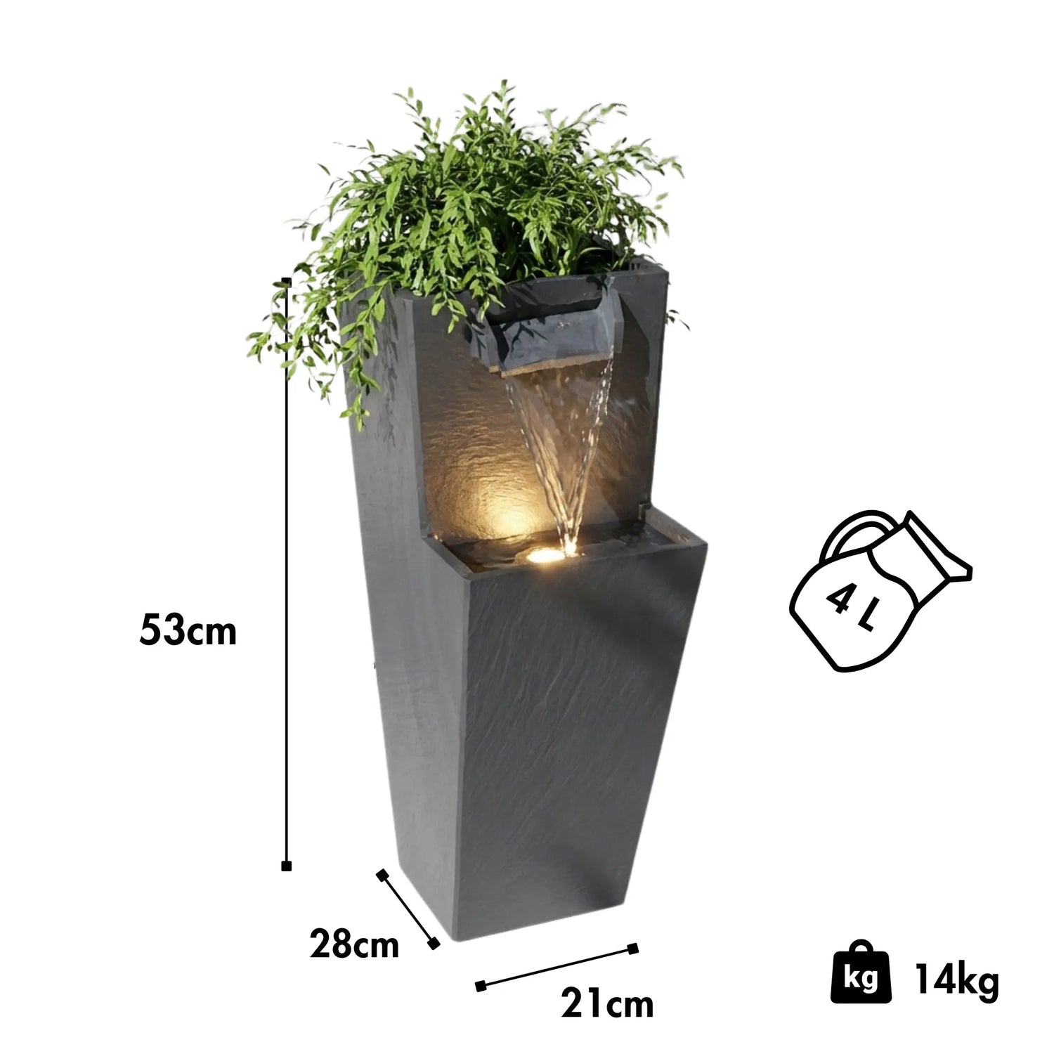 ZOE 20 Anthrazit – Gartenbrunnen mit Pflanzgefäss Wasserfall aus Naturschiefer Schwarz mit LED-Beleuchtung 28 x 21 x 53 cm 14 kg - CLIMAQUA