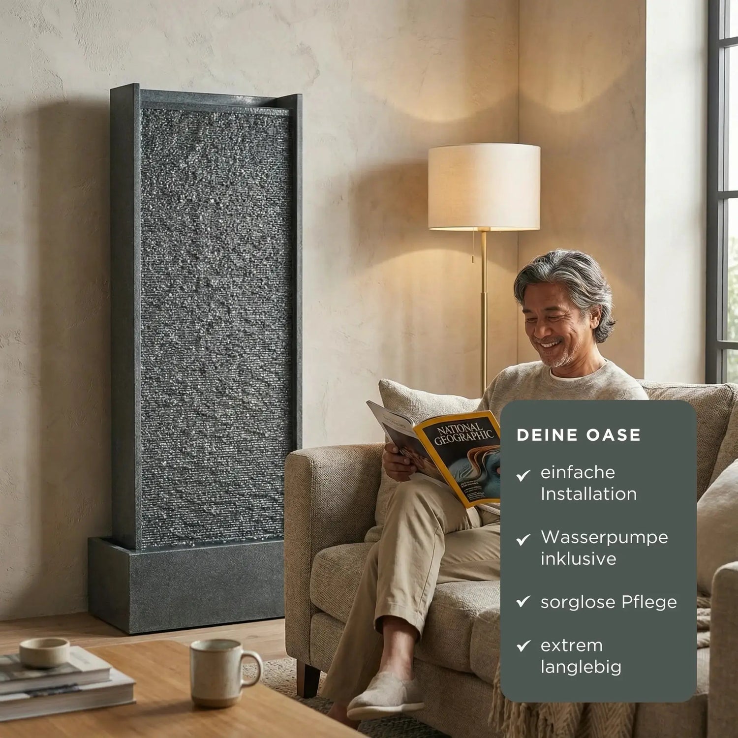 HARMONY – grosse Premium Wasserwand Granitstein, Indoor/Outdoor, 60×40×180 cm - CLIMAQUA