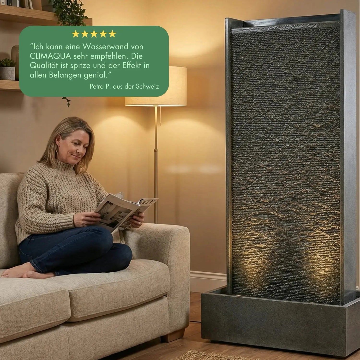 HARMONY – grosse Premium Wasserwand Granitstein, Indoor/Outdoor, 60×40×180 cm - CLIMAQUA