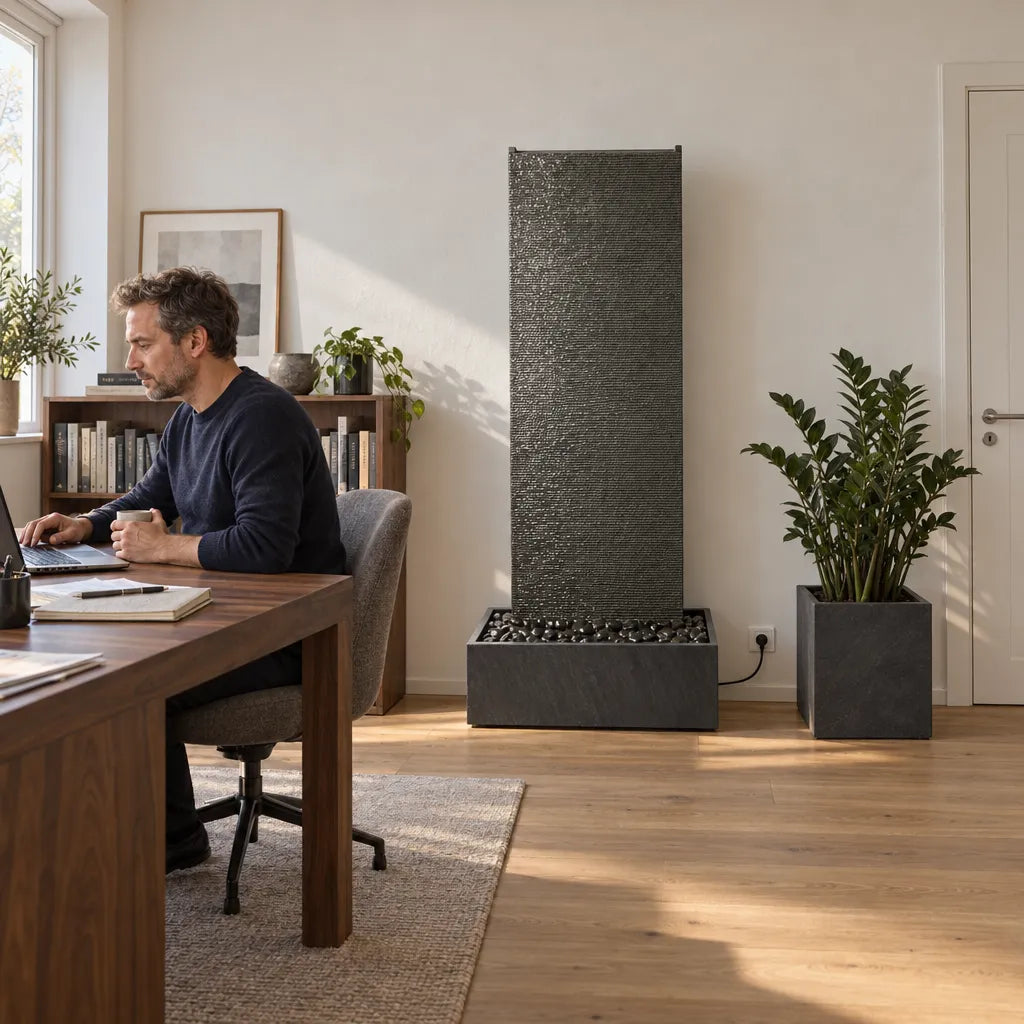 EDEN GRANDE Wasserwand aus Granitstein in einem Arbeitszimmer, ein Mann sitzt am Schreibtisch - CLIMAQUA (KI-Inhalte)