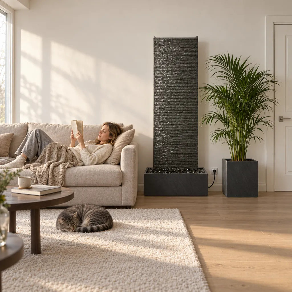 EDEN GRANDE Wasserwand aus Granitstein in einem Wohnzimmer, eine Frau liegt entspannt auf dem Sofa - CLIMAQUA (KI-Inhalte)