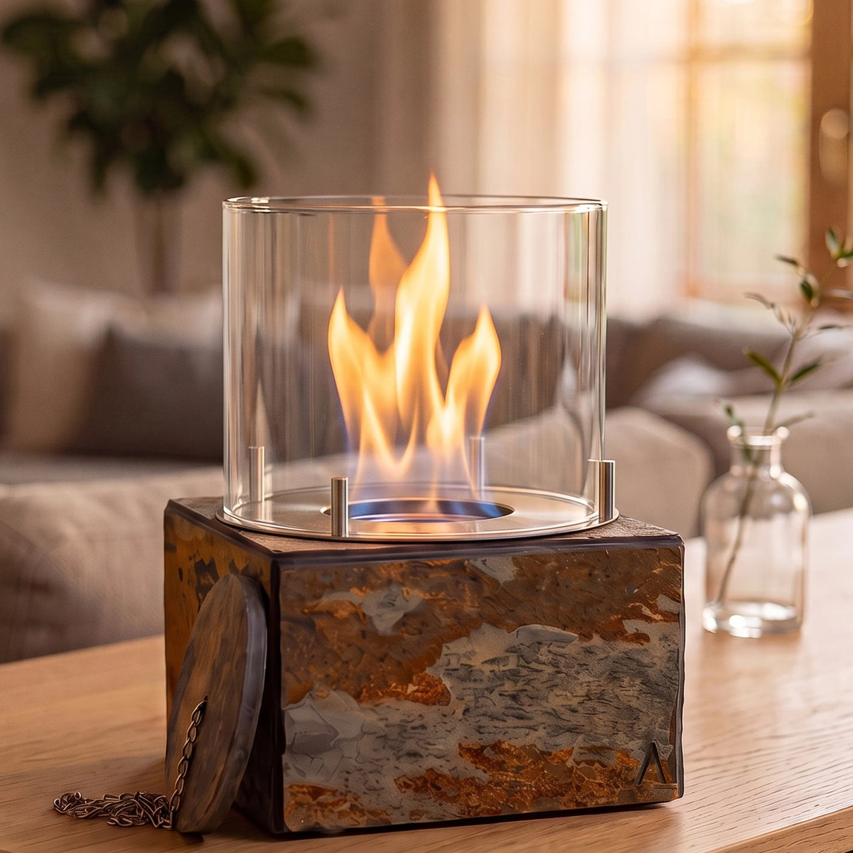 Tischfeuer KLARA M auf einem Sideboard im Wohnzimmer