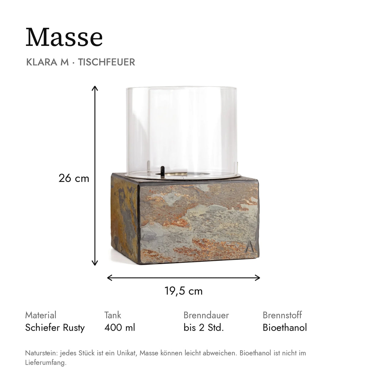 Masse Tischfeuer KLARA M: 19,5 x 19,5 x 26 cm, Tank 400 ml, Brenndauer bis 2 Stunden