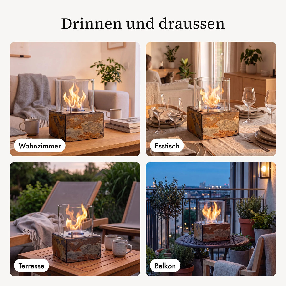 Tischfeuer KLARA M im Wohnzimmer, am Esstisch, auf der Terrasse und auf dem Balkon (KI-Inhalte)