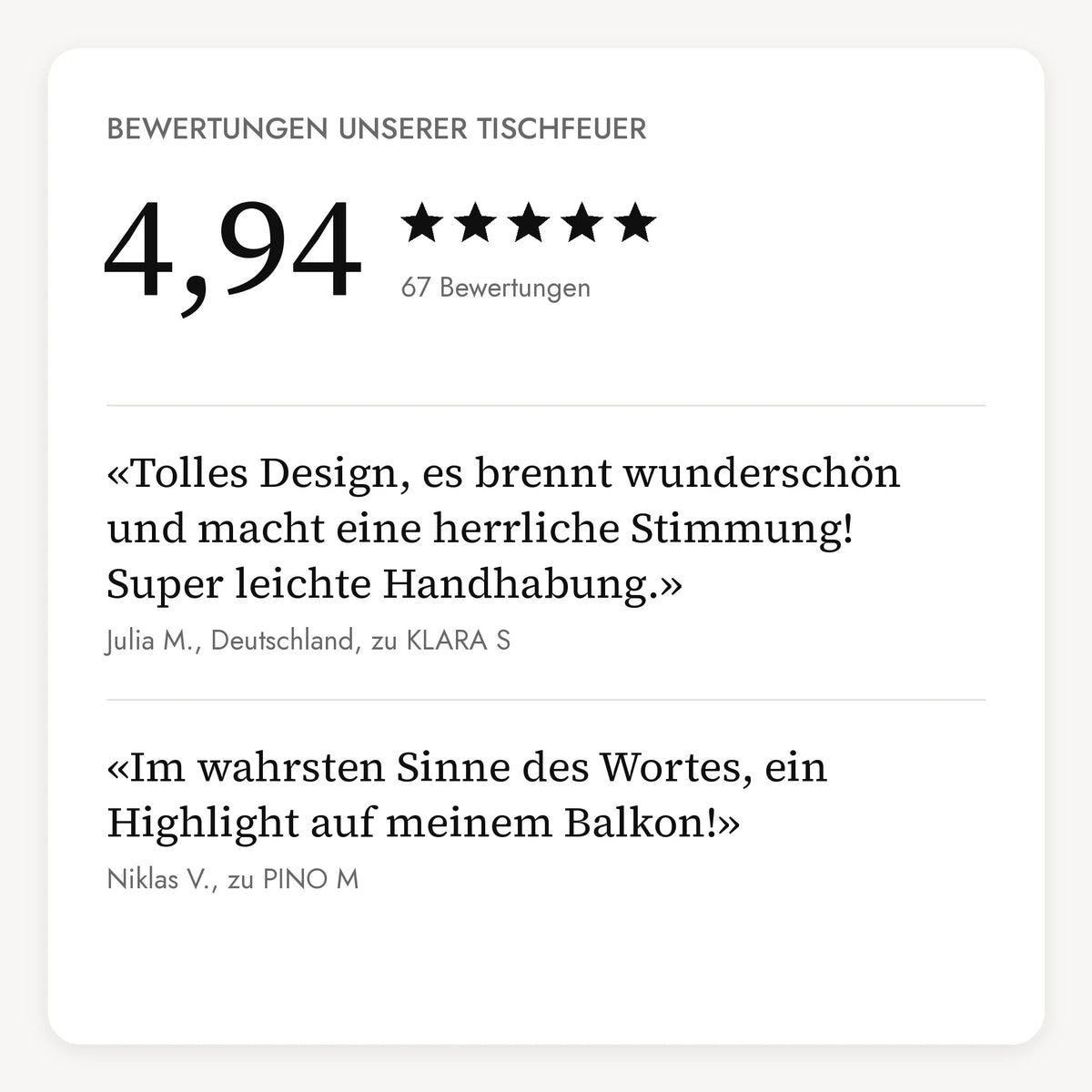Bewertungen unserer Tischfeuer: 4,94 von 5 Sternen aus 67 Bewertungen