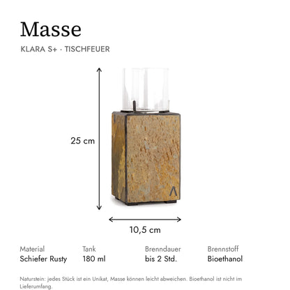 Masse Tischfeuer KLARA S+: 10,5 x 10,5 x 25 cm, Tank 180 ml, Brenndauer bis 2 Stunden