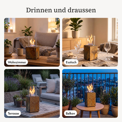 Tischfeuer KLARA S+ im Wohnzimmer, am Esstisch, auf der Terrasse und auf dem Balkon (KI-Inhalte)
