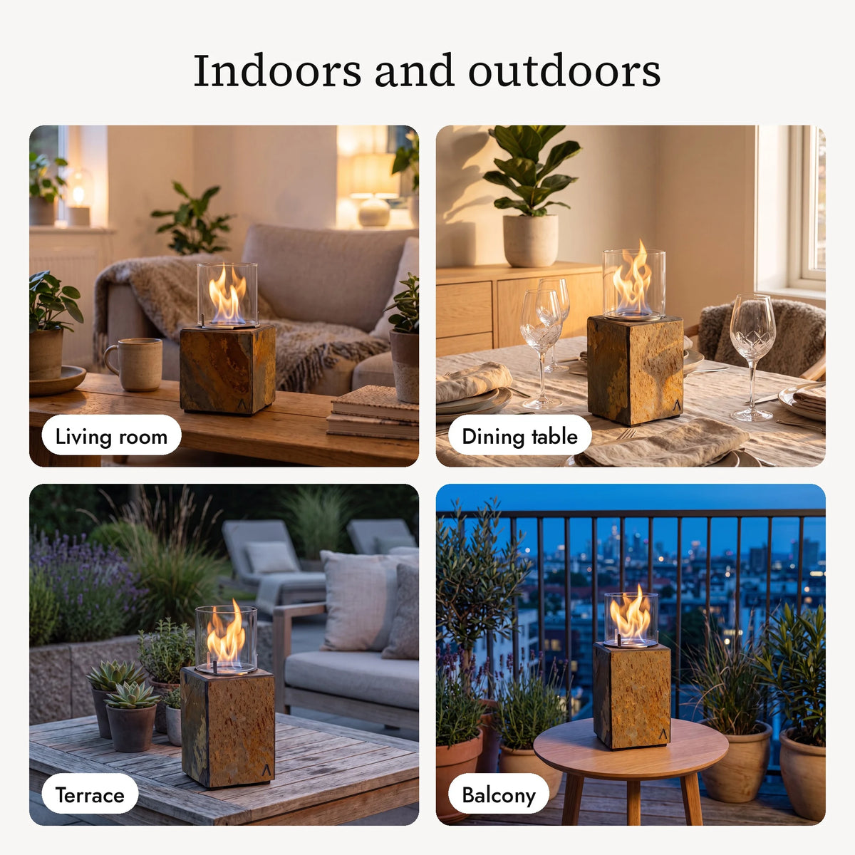KLARA S+ table fire in the living room, at the dining table, on the terrace and on the balcony (AI content)