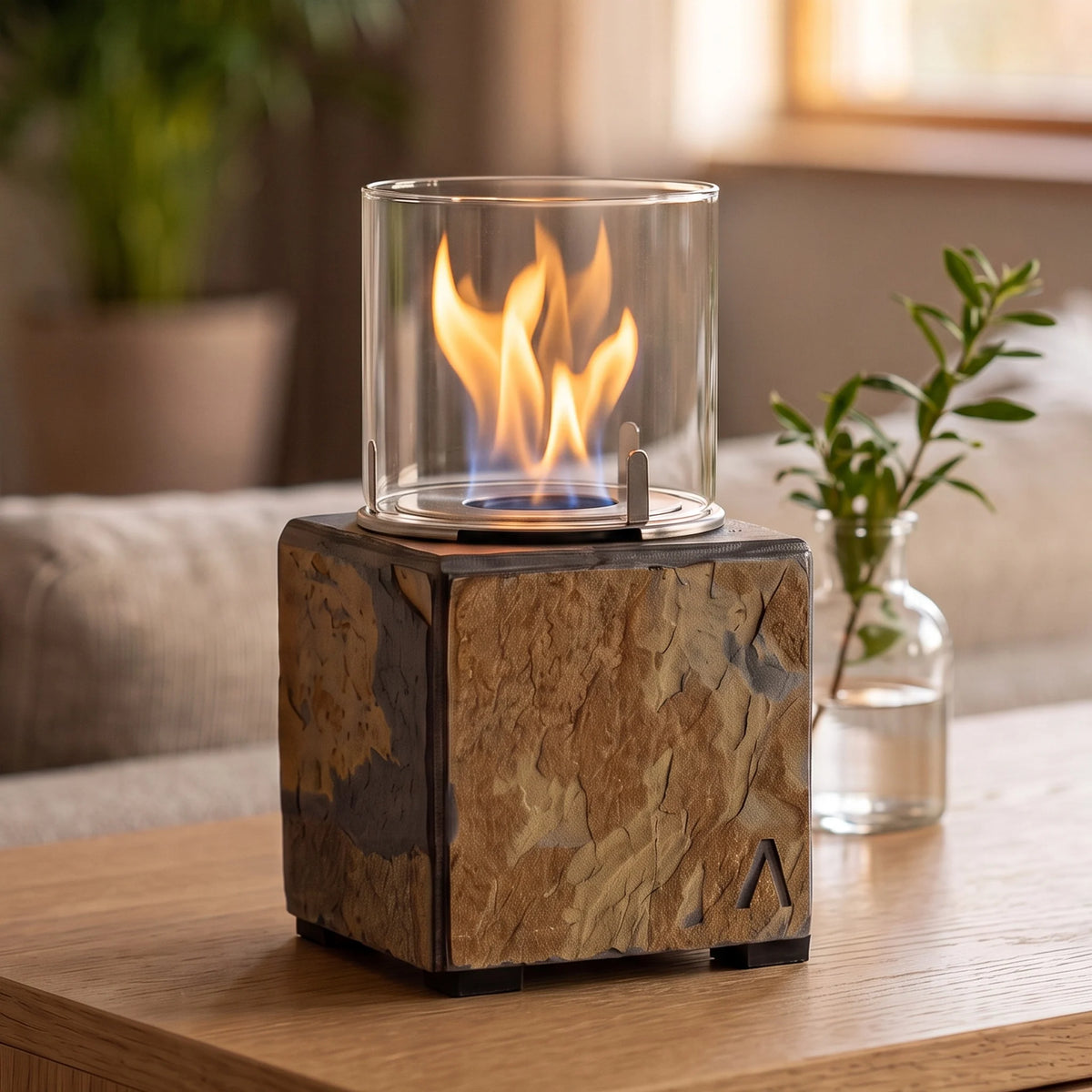 Tischfeuer KLARA S auf einem Sideboard im Wohnzimmer