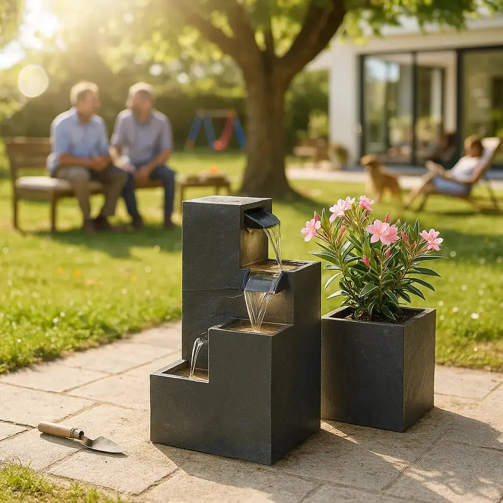 KUBO – Design Stufenbrunnen Schwarz aus Naturschiefer mit Wasserfall und LED-Beleuchtung 35 x 35 x 72 cm 36 kg - CLIMAQUA