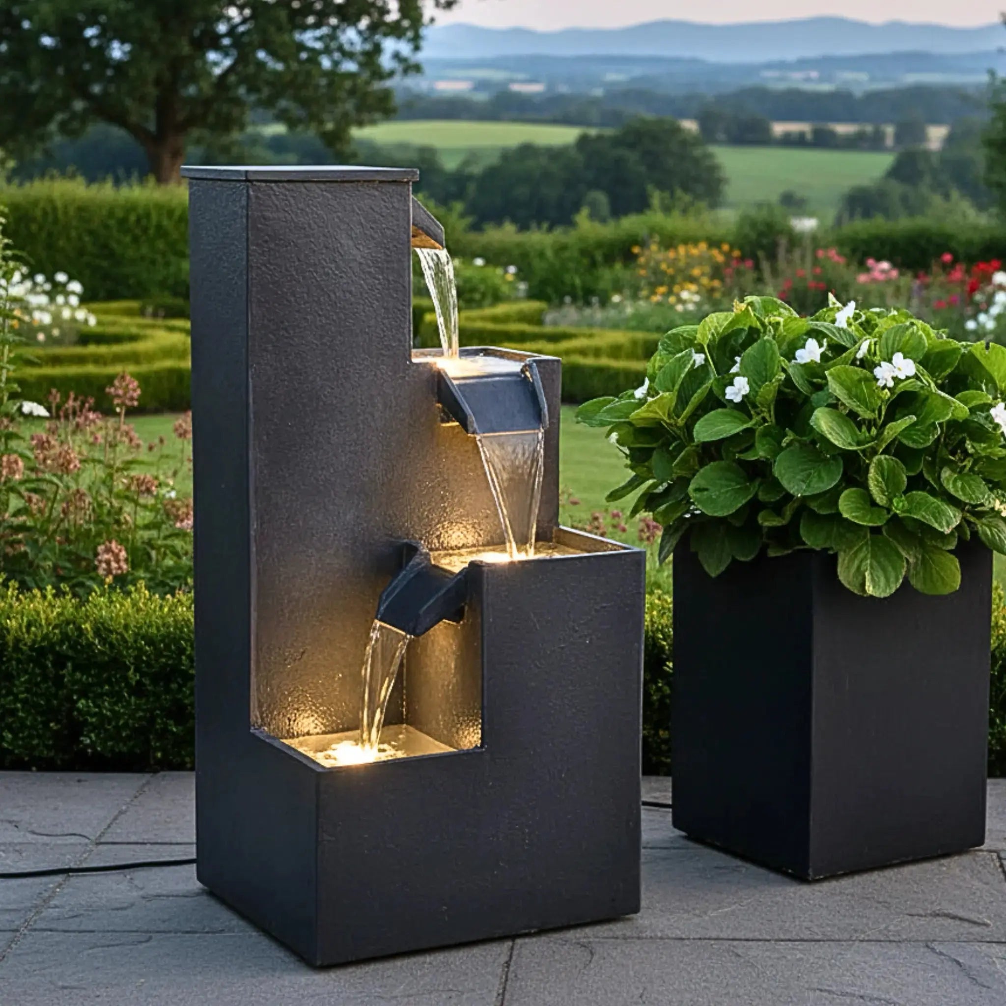 KUBO – Design Stufenbrunnen Schwarz aus Naturschiefer mit Wasserfall und LED-Beleuchtung 35 x 35 x 72 cm 36 kg - CLIMAQUA