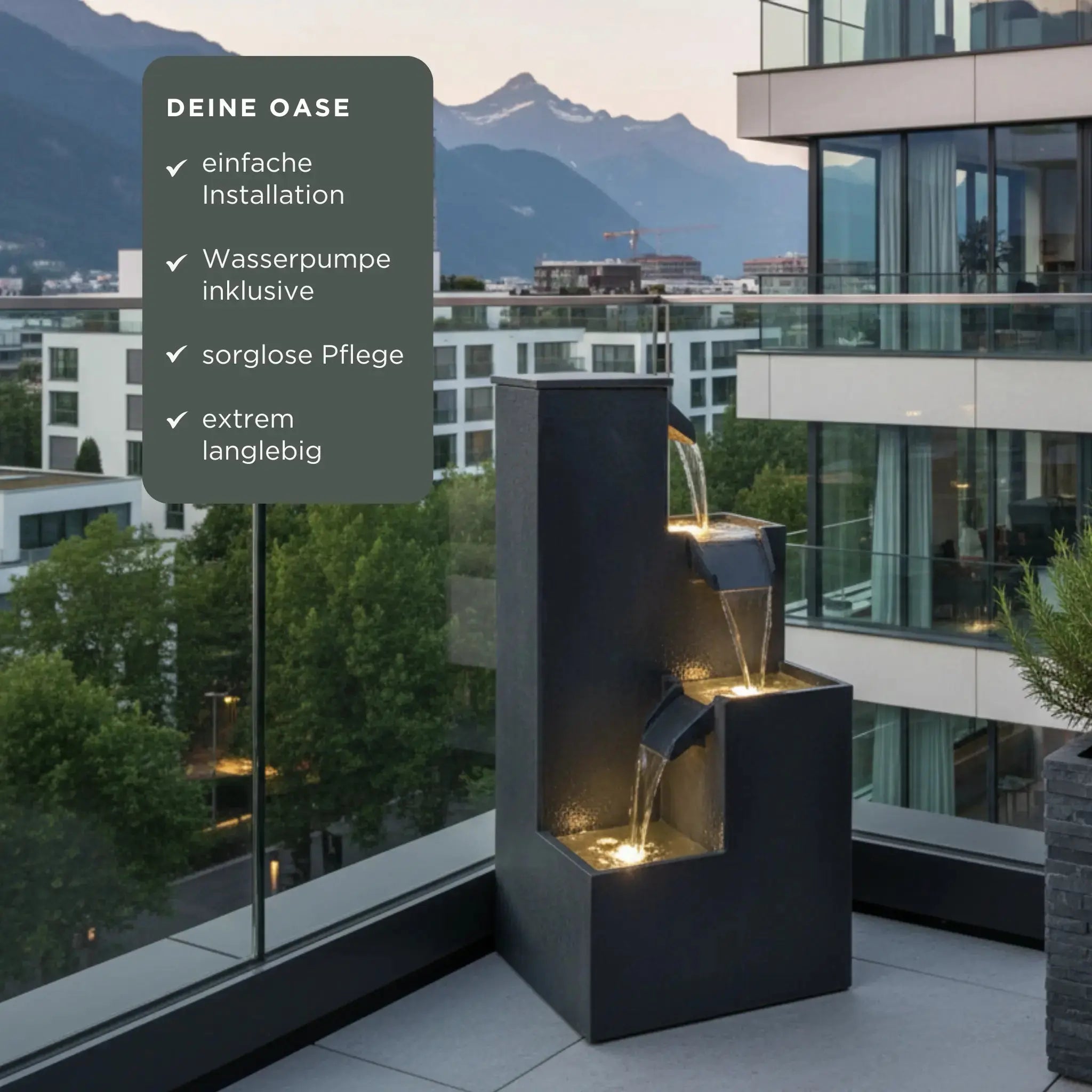 KUBO – Design Stufenbrunnen Schwarz aus Naturschiefer mit Wasserfall und LED-Beleuchtung 35 x 35 x 72 cm 36 kg - CLIMAQUA