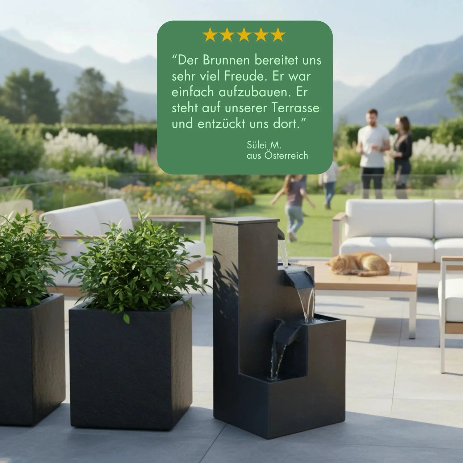 KUBO – Design Stufenbrunnen Schwarz aus Naturschiefer mit Wasserfall und LED-Beleuchtung 35 x 35 x 72 cm 36 kg - CLIMAQUA