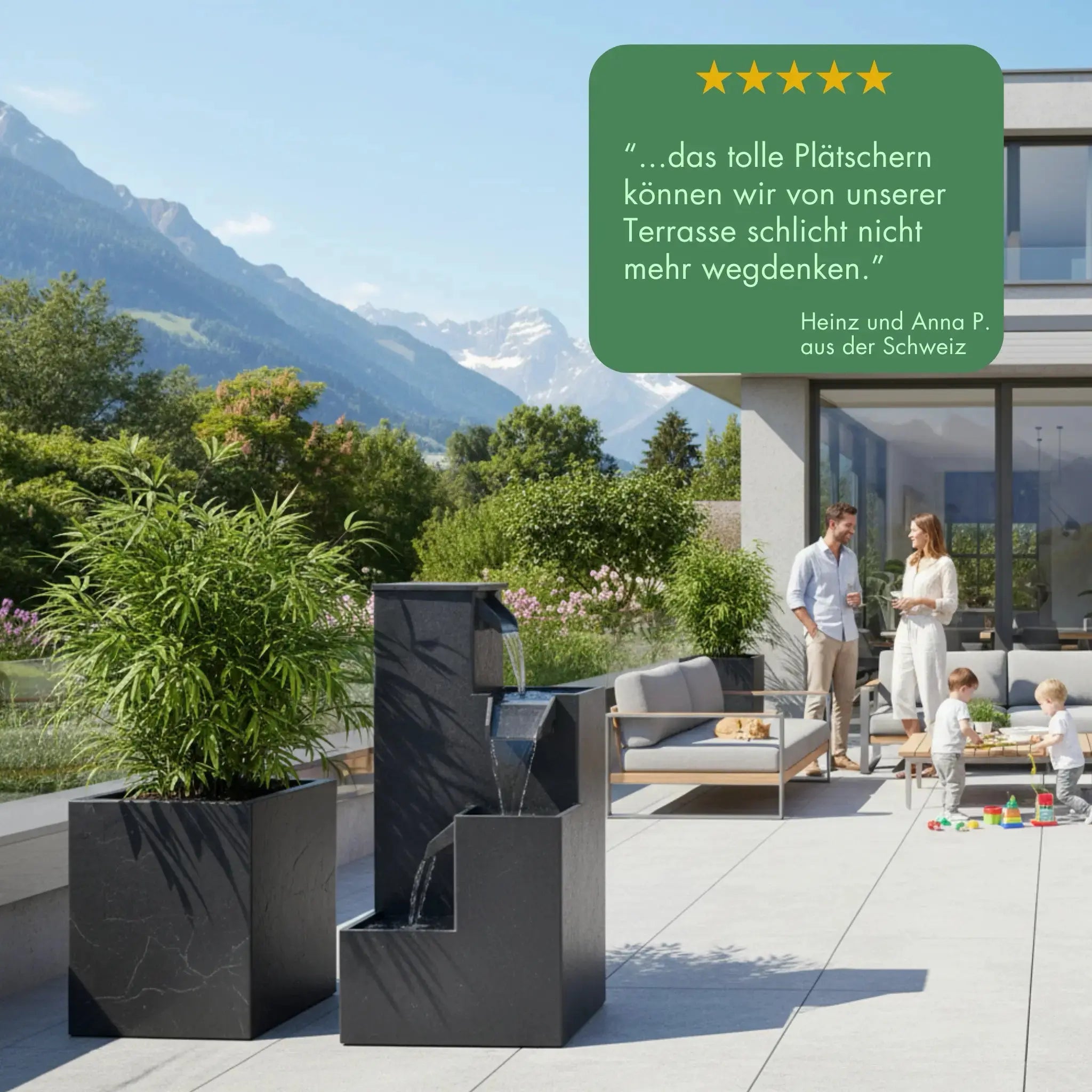 KUBO – Design Stufenbrunnen Schwarz aus Naturschiefer mit Wasserfall und LED-Beleuchtung 35 x 35 x 72 cm 36 kg - CLIMAQUA