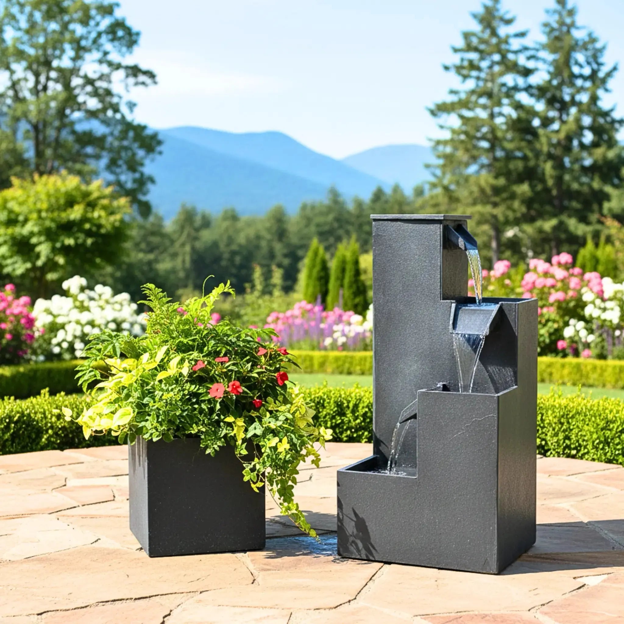 KUBO – Design Stufenbrunnen Schwarz aus Naturschiefer mit Wasserfall und LED-Beleuchtung 35 x 35 x 72 cm 36 kg - CLIMAQUA