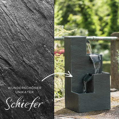 KUBO – Design Stufenbrunnen Schwarz aus Naturschiefer mit Wasserfall und LED-Beleuchtung 35 x 35 x 72 cm 36 kg - CLIMAQUA