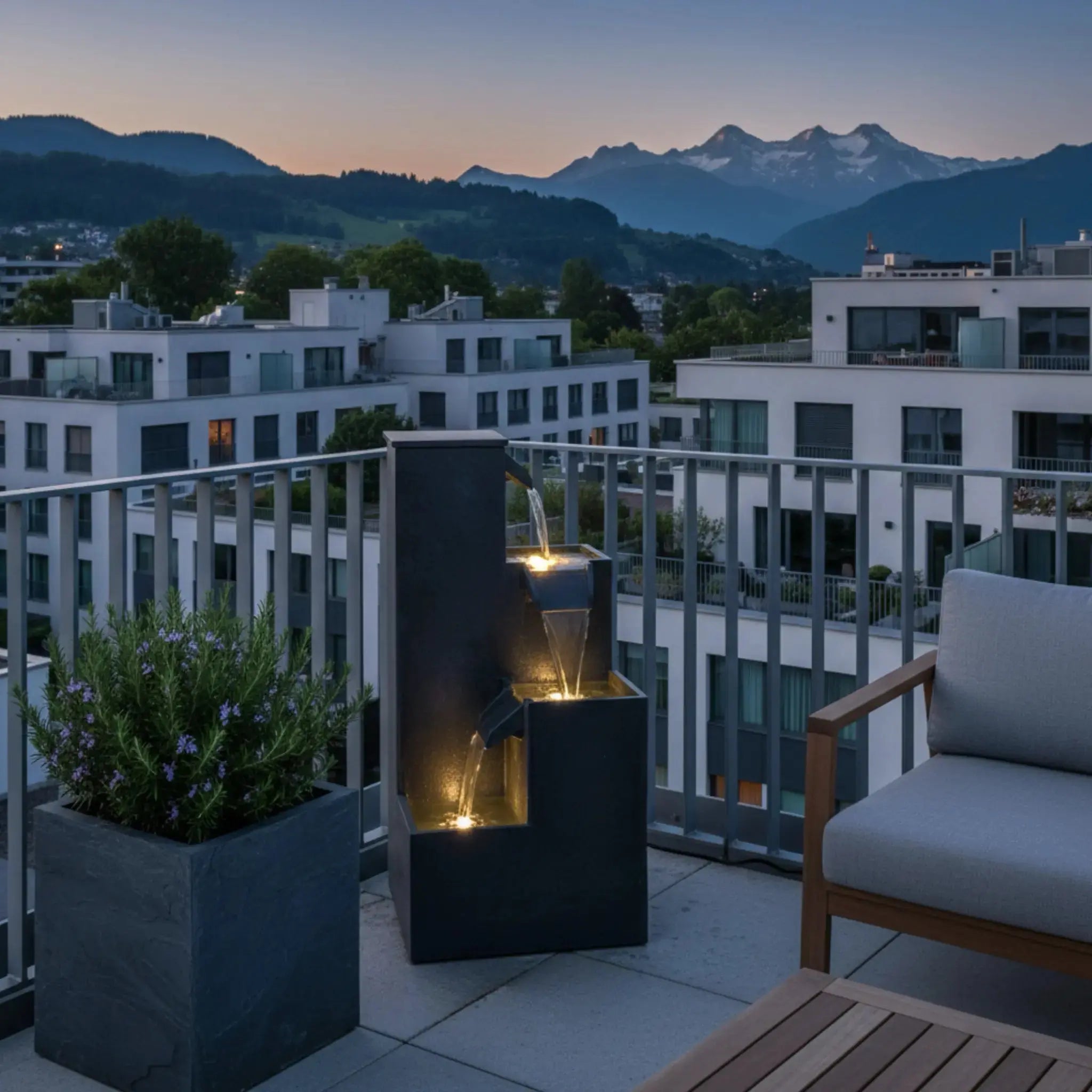 KUBO – Design Stufenbrunnen Schwarz aus Naturschiefer mit Wasserfall und LED-Beleuchtung 35 x 35 x 72 cm 36 kg - CLIMAQUA