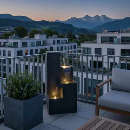 KUBO – Design Stufenbrunnen Schwarz aus Naturschiefer mit Wasserfall und LED-Beleuchtung 35 x 35 x 72 cm 36 kg - CLIMAQUA