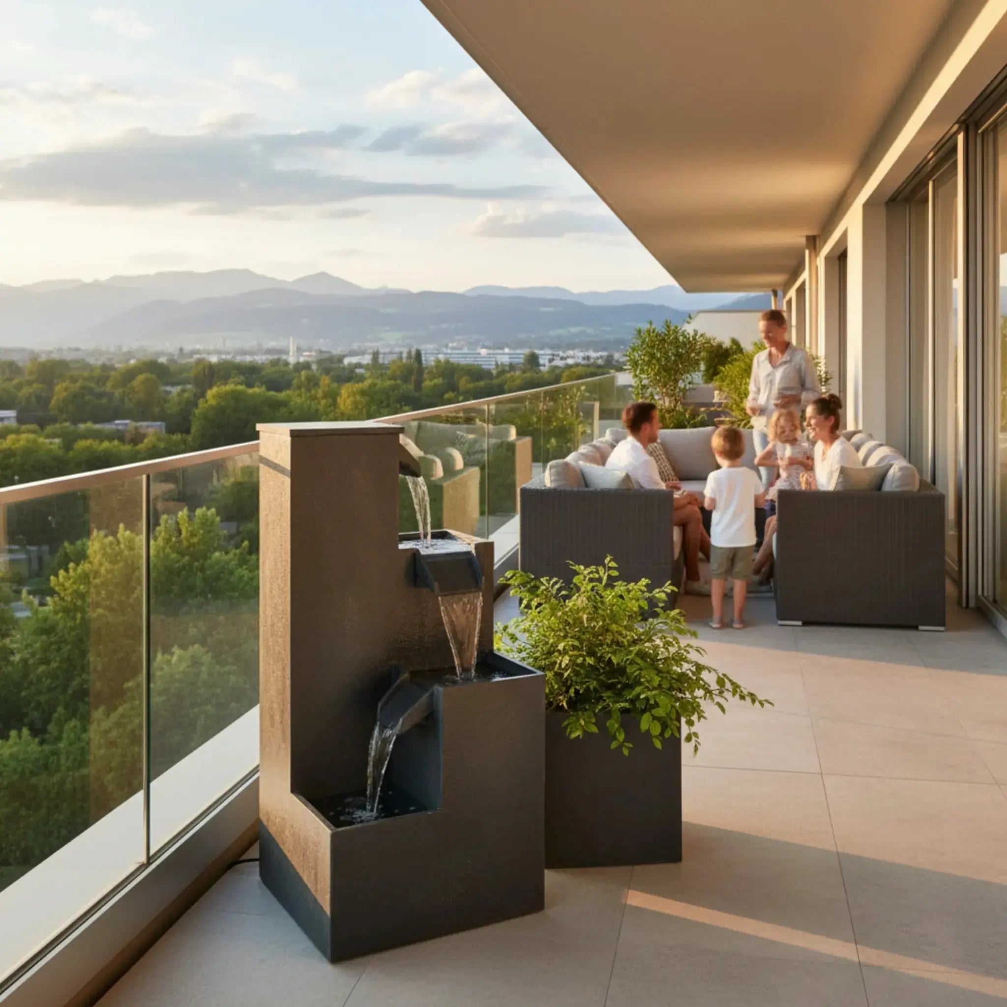 KUBO – Design Stufenbrunnen Schwarz aus Naturschiefer mit Wasserfall und LED-Beleuchtung 35 x 35 x 72 cm 36 kg - CLIMAQUA