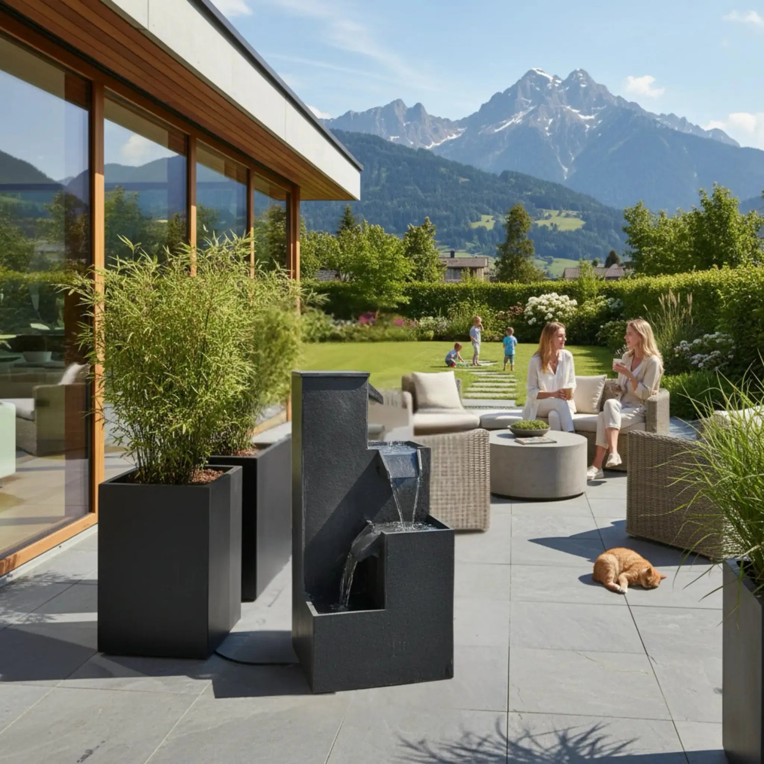 KUBO – Design Stufenbrunnen Schwarz aus Naturschiefer mit Wasserfall und LED-Beleuchtung 35 x 35 x 72 cm 36 kg - CLIMAQUA