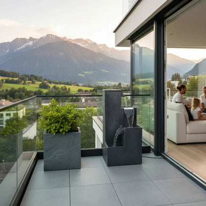 KUBO – Design Stufenbrunnen Schwarz aus Naturschiefer mit Wasserfall und LED-Beleuchtung 35 x 35 x 72 cm 36 kg - CLIMAQUA