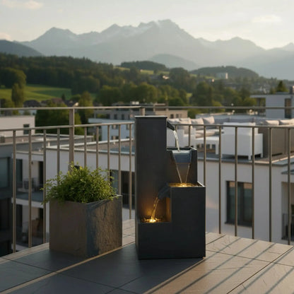 KUBO – Design Stufenbrunnen Schwarz aus Naturschiefer mit Wasserfall und LED-Beleuchtung 35 x 35 x 72 cm 36 kg - CLIMAQUA