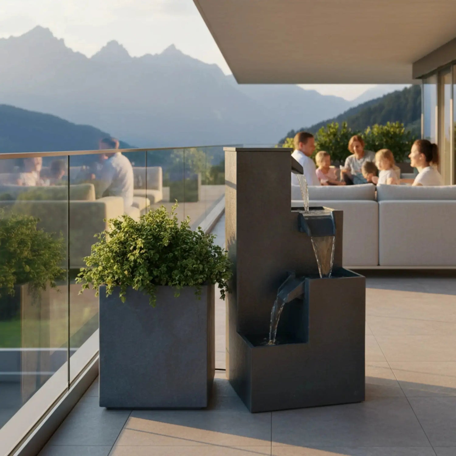 KUBO – Design Stufenbrunnen Schwarz aus Naturschiefer mit Wasserfall und LED-Beleuchtung 35 x 35 x 72 cm 36 kg - CLIMAQUA