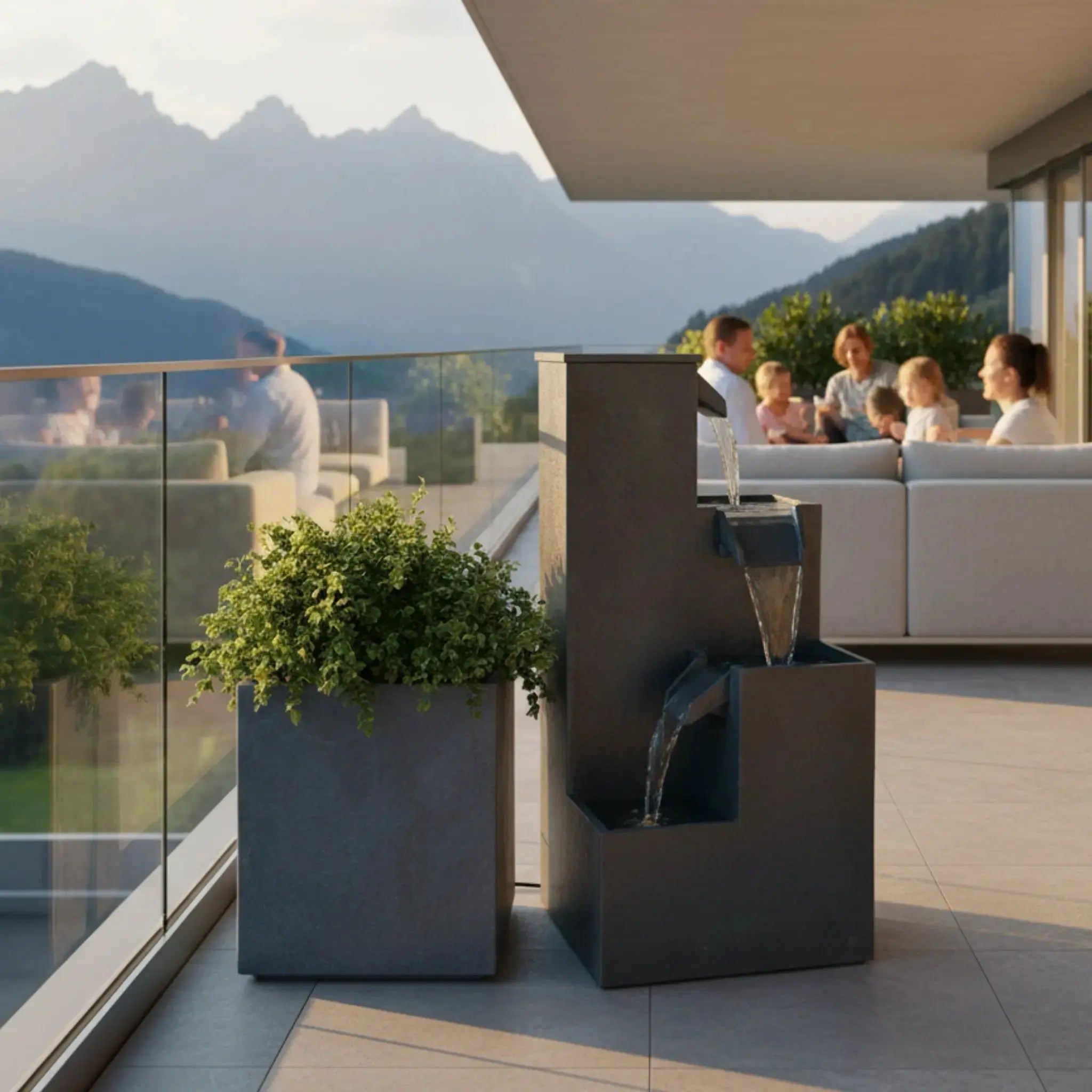 KUBO – Design Stufenbrunnen Schwarz aus Naturschiefer mit Wasserfall und LED-Beleuchtung 35 x 35 x 72 cm 36 kg - CLIMAQUA