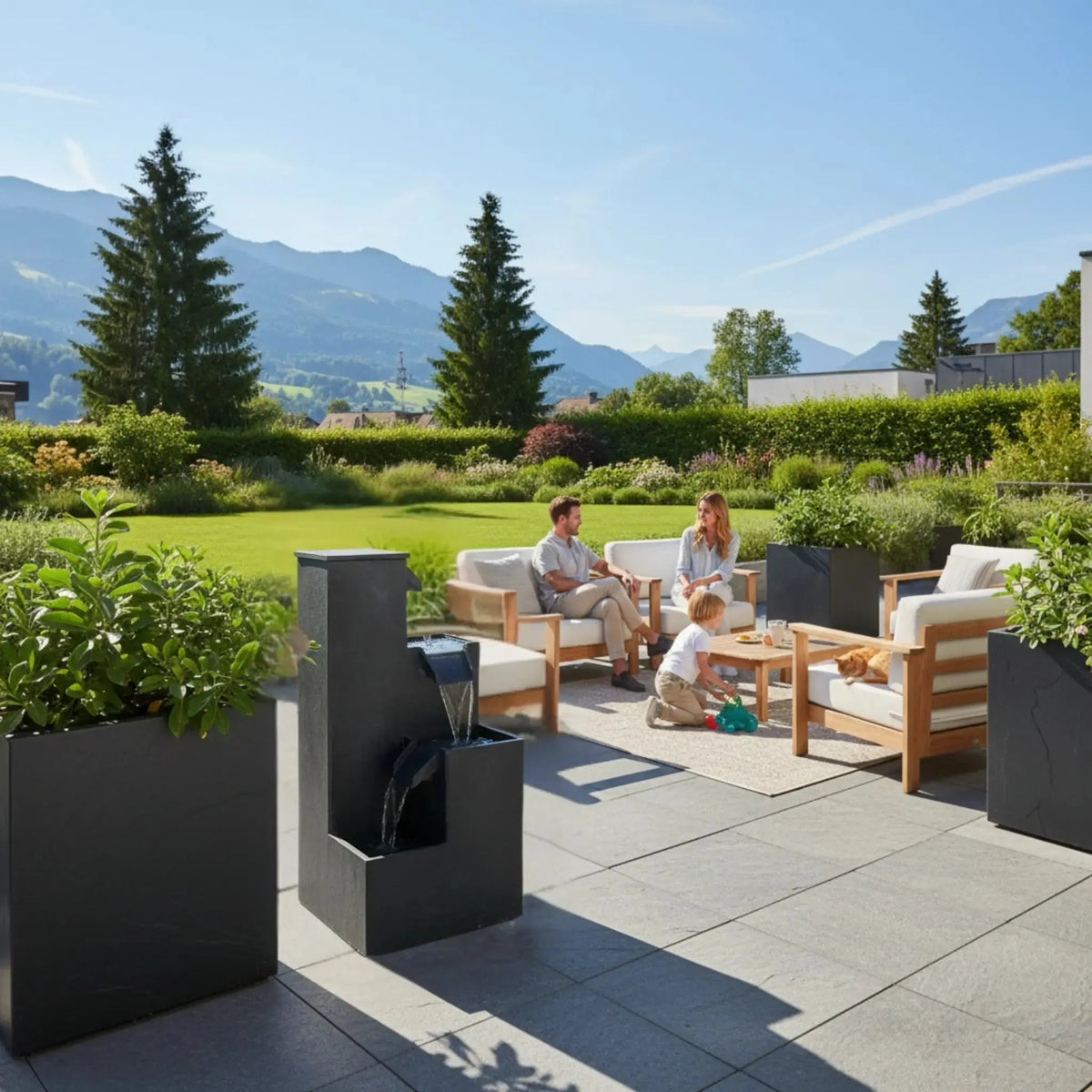 KUBO – Design Stufenbrunnen Schwarz aus Naturschiefer mit Wasserfall und LED-Beleuchtung 35 x 35 x 72 cm 36 kg - CLIMAQUA (KI-Inhalte)