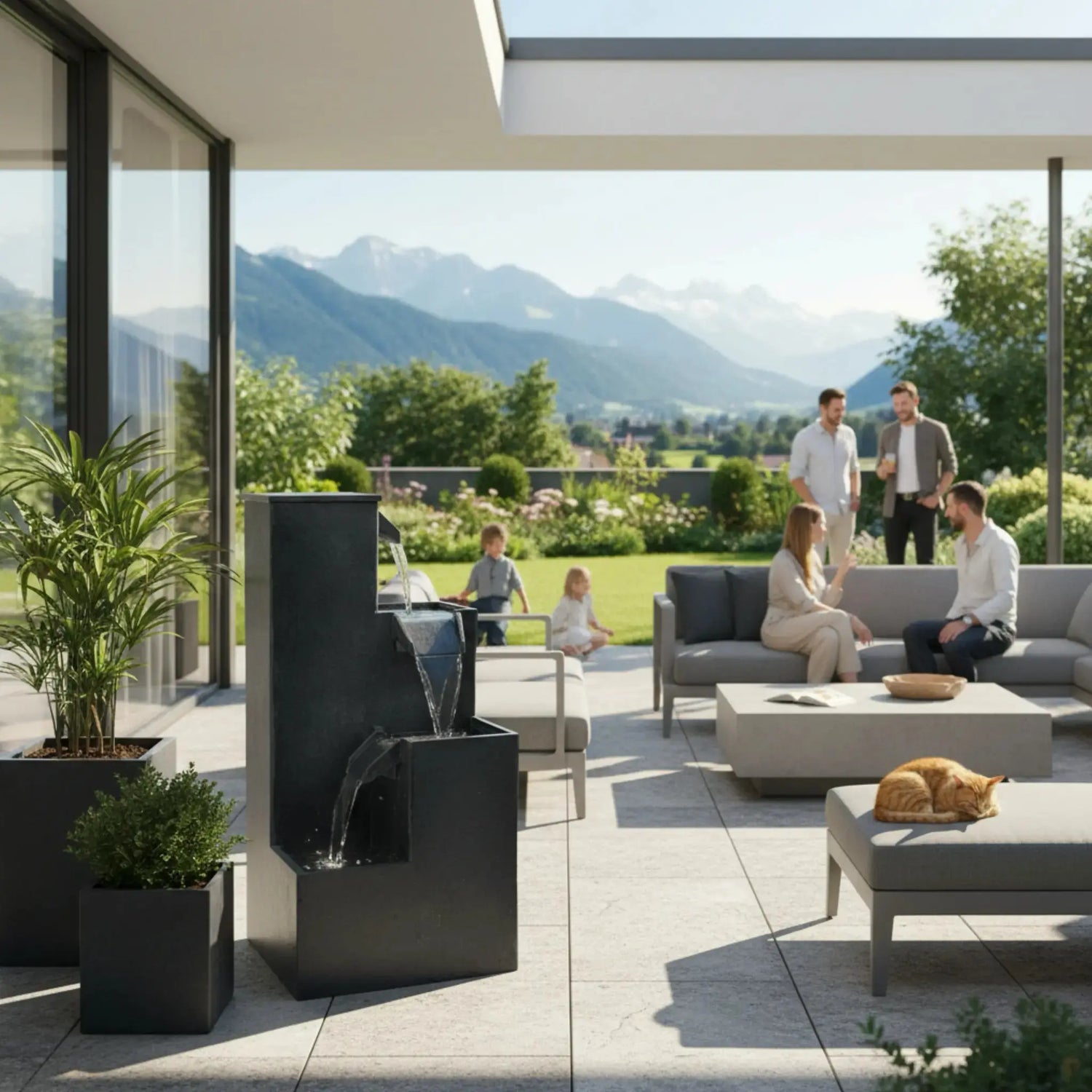 KUBO – Design Stufenbrunnen Schwarz aus Naturschiefer mit Wasserfall und LED-Beleuchtung 35 x 35 x 72 cm 36 kg - CLIMAQUA