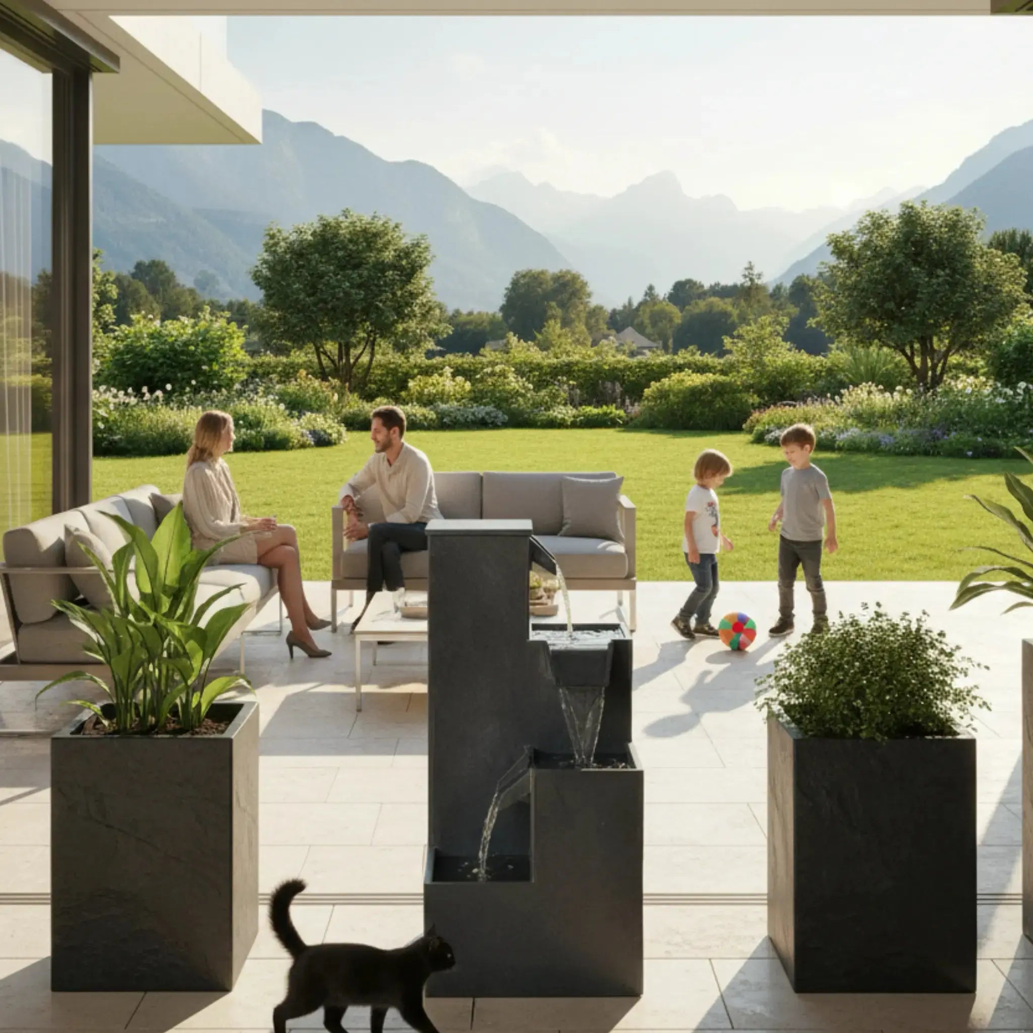 KUBO – Design Stufenbrunnen Schwarz aus Naturschiefer mit Wasserfall und LED-Beleuchtung 35 x 35 x 72 cm 36 kg - CLIMAQUA