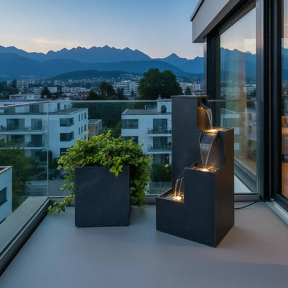 KUBO – Design Stufenbrunnen Schwarz aus Naturschiefer mit Wasserfall und LED-Beleuchtung 35 x 35 x 72 cm 36 kg - CLIMAQUA