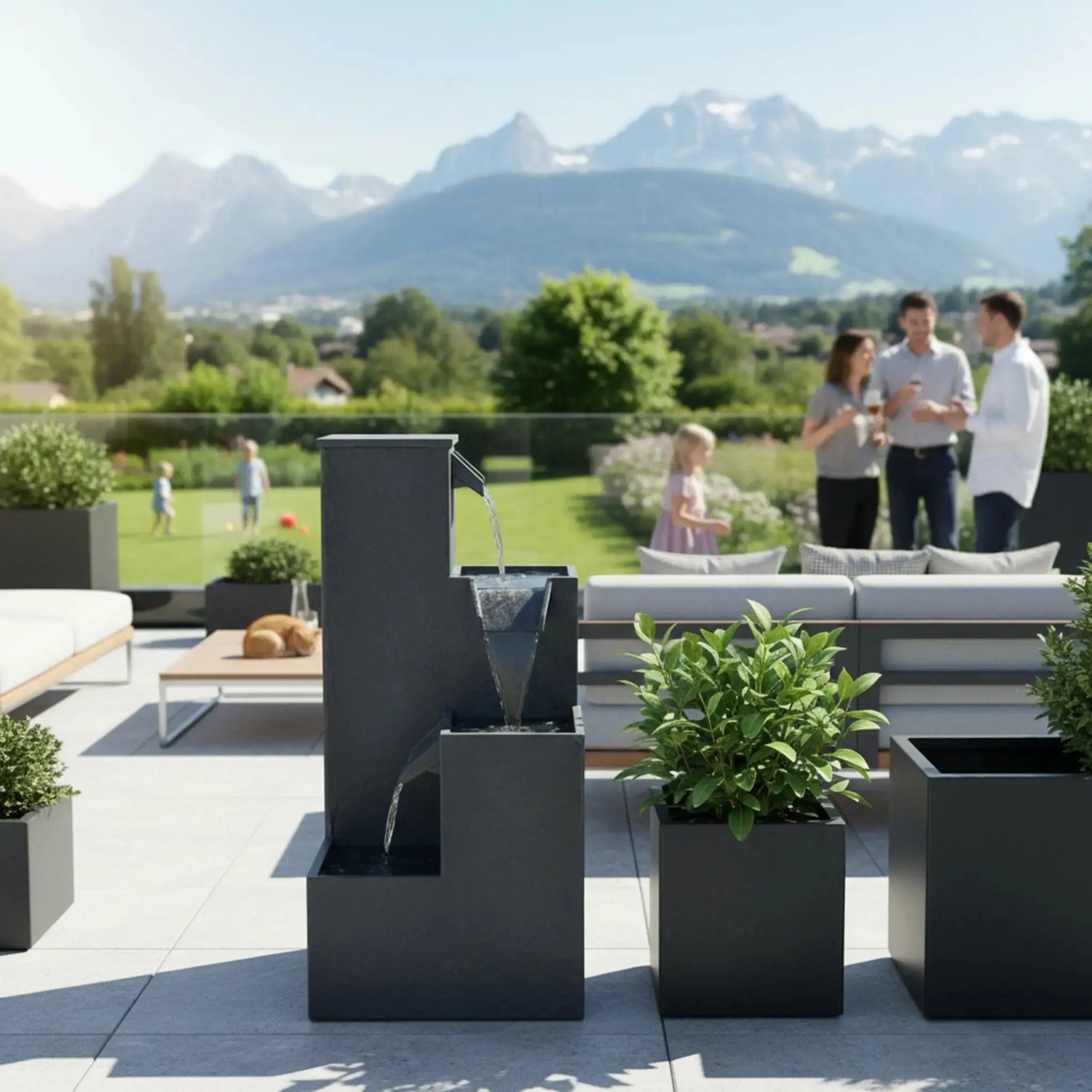 KUBO – Design Stufenbrunnen Schwarz aus Naturschiefer mit Wasserfall und LED-Beleuchtung 35 x 35 x 72 cm 36 kg - CLIMAQUA