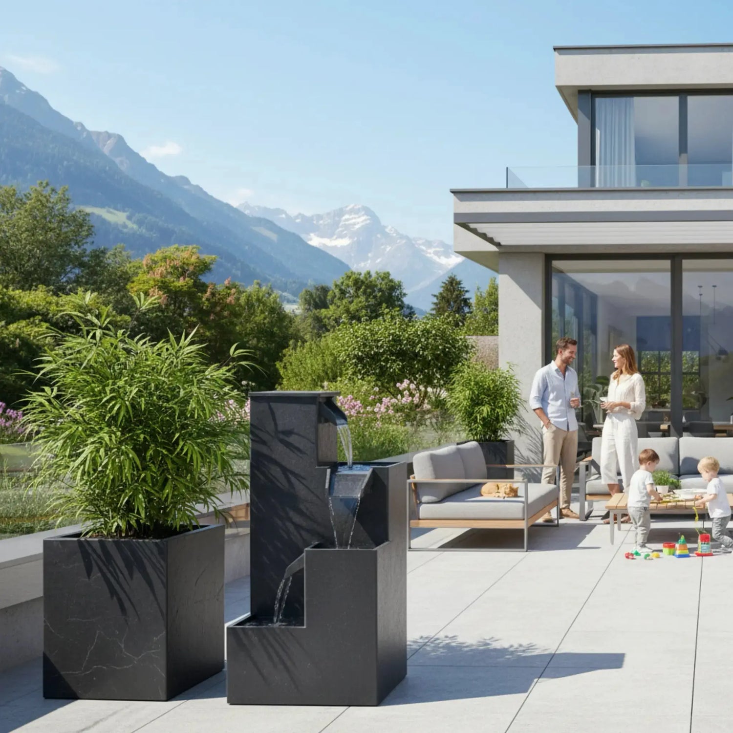 KUBO – Design Stufenbrunnen Schwarz aus Naturschiefer mit Wasserfall und LED-Beleuchtung 35 x 35 x 72 cm 36 kg - CLIMAQUA